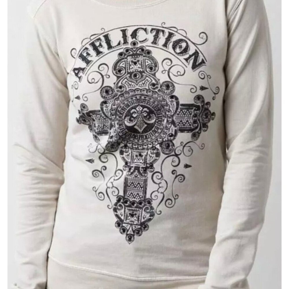 Y2k S/M Sinful Affliction Thin Sweatshirt Shirt‎ Cream Large Cross Embellished